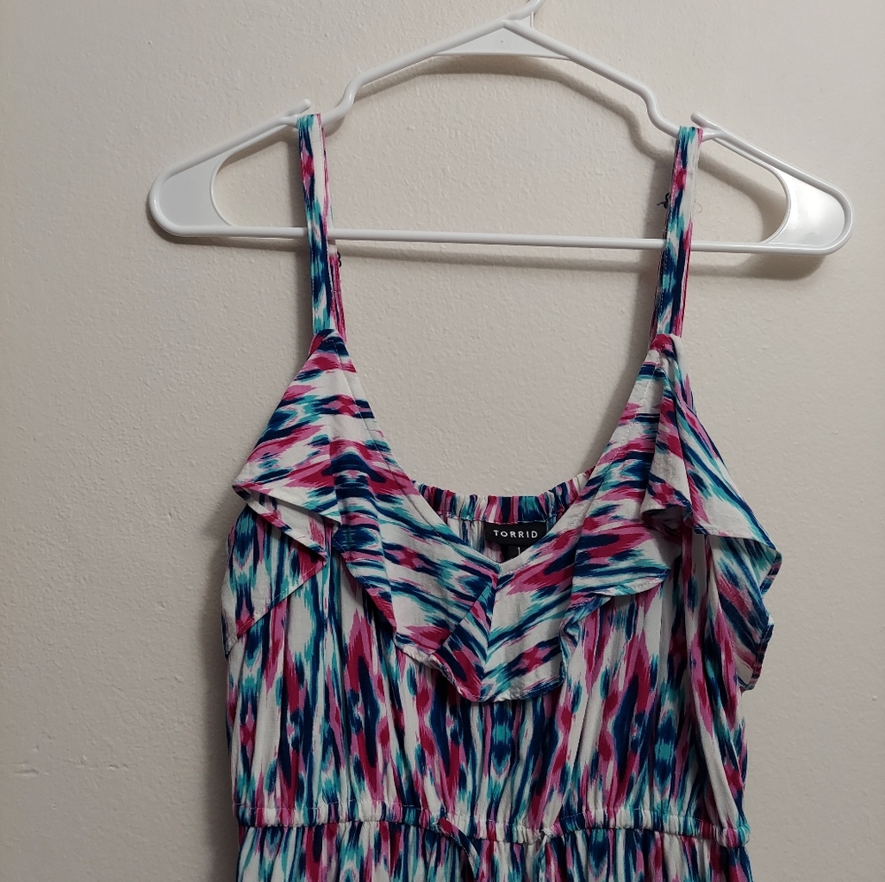 torrid Blue Pink Teal Printed Ruffle Strap Dress